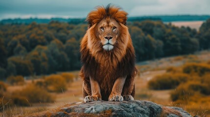 Obraz premium Majestic Lion Sitting on a Rock in a Grassy Meadow
