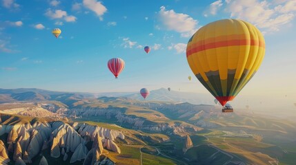 Fototapeta premium Vivid multicolored hot air balloons floating majestically above stunning mountainous backdrop