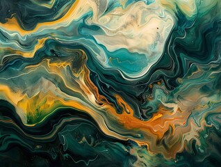 Obraz premium Liquid abstract painting in green, gold, and white creating dynamic swirls and patterns