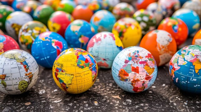 Many colorful easter eggs with world maps on them.