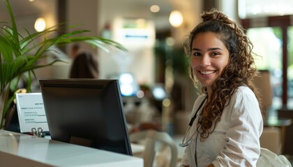 Smiling Female Doctor Working At A Reception Desk In A Modern Office