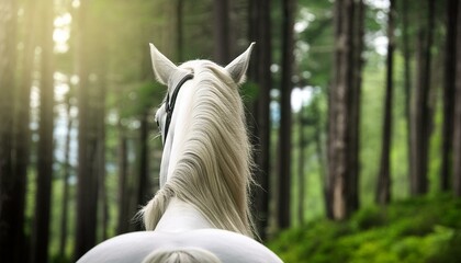 head of white horse in the field in sunset, horse's mane