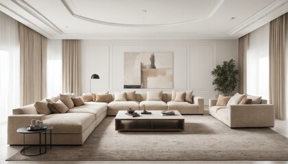 Fototapeta premium A contemporary living room with a sectional sofa and neutral colors