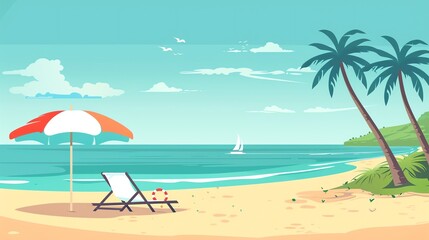 Fototapeta premium Tropical beach paradise. Empty beach with a beach umbrella, sun lounger, and sailboat on a sunny day. Ideal for vacation, holiday, and travel themes.