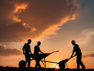 silhouette construction workers at sunset hard hats Attire for manual work with wheelbarrows