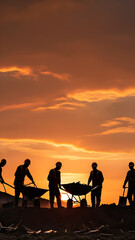 Fototapeta premium silhouette construction workers at sunset hard hats Attire for manual work with wheelbarrows vertical image