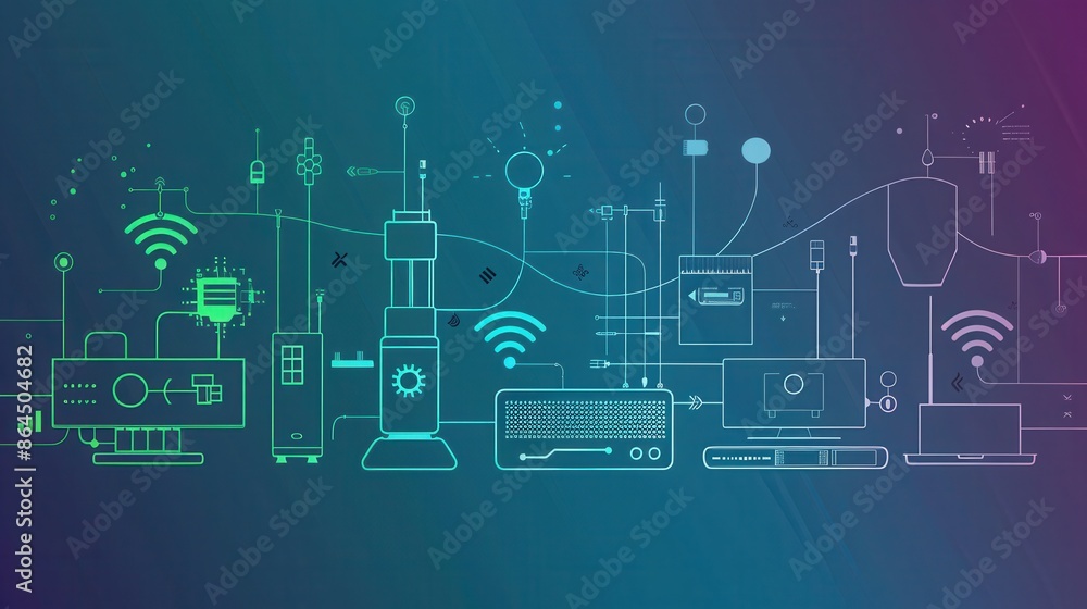 Poster An illustration of various network devices, including routers, modems, and smart home gadgets, connected by abstract lines representing data flow. Generative AI