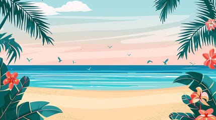Fototapeta premium Tropical beach scene with palm trees, flowers, and ocean view. Summer vacation background, paradise island getaway concept.