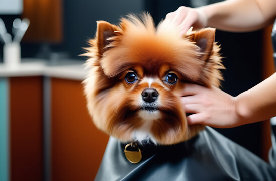 Professional groomer cut fur with scissors and clipper at the little smile dog terrier shpitz labradoodle. Funny red dog sitting at the grooming salon or vet clinic and looked trustingly