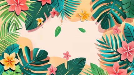 Fototapeta premium Vibrant Tropical Background with Lush Green Leaves and Exotic Flowers. Perfect for Summer, Travel, or Nature-Themed Designs