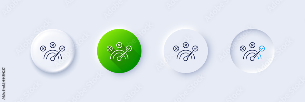Poster correct answer line icon. neumorphic, green gradient, 3d pin buttons. speedometer concept sign. chec