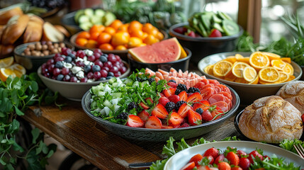Assortment of fresh fruits, vibrant salads, and artisanal breads, ideal for a perfect brunch-2