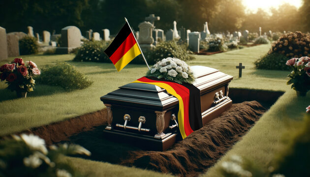 A solemn tribute to a fallen hero, the Germany flag adorns a coffin at a graveside service, a symbol of gratitude and respect