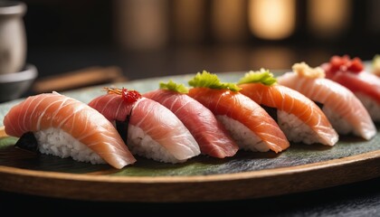 A feast for the senses: a colorful array of sushi on a rustic wooden plate