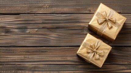 Fototapeta premium Two gold gift boxes with gold ribbons sit on a brown wood surface.