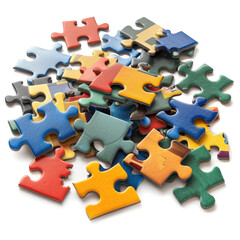 Obraz premium 3D multi-colored puzzles isolated on a white background. Decor, print, creative illustration for advertising children's leisure activities