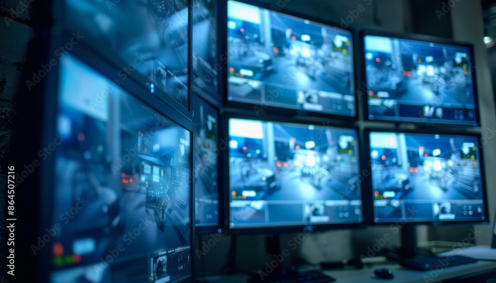 Poster multiple security monitors displaying live footage of a busy street