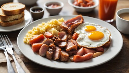 A gourmet breakfast plate with fried eggs, crispy bacon, and sweet potato slices