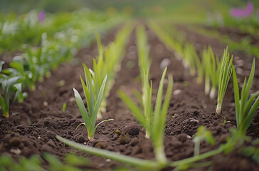 Video show leek plant growing field their leaf stem neatly arranged side side focus two row of leek have just been planted row about inch apart they should around five foot away one another There some
