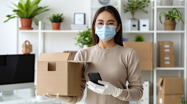 A woman wearing a face mask and gloves holds a package and a smartphone in an office setting