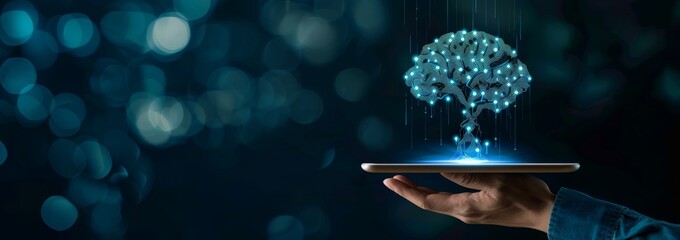 Businessman holding a digital tablet with a holographic tree symbolizing artificial intelligence and innovation