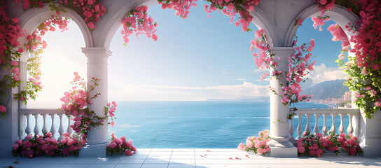 The scenic view through an arch adorned with flowers leading to the sea with copy space image
