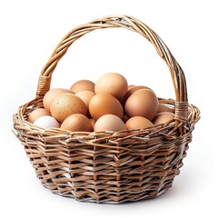 Chicken eggs in basket isolated on white background