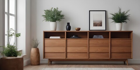 Wooden cabinet and accessories decor in living room interior on empty white wall background. Wooden shelves.	