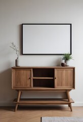 Wooden cabinet and accessories decor in living room interior on empty white wall background. Wooden shelves.	