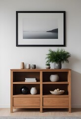 Wooden cabinet and accessories decor in living room interior on empty white wall background. Wooden shelves.	