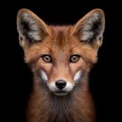 Frontal face portrait of an elegant dhole staring directly at the camera.