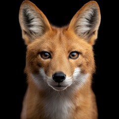 Fototapeta premium Frontal face portrait of an elegant dhole staring directly at the camera.