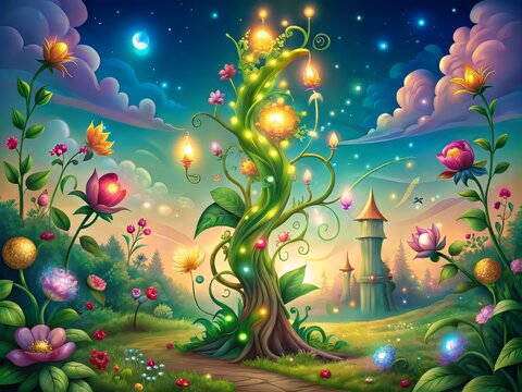 Whimsical vector illustration of a giant beanstalk, sparkling fairy lights, and vibrant flowers surrounding a magical kingdom in a fantastical fairy tale landscape.