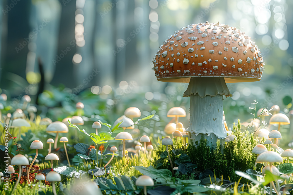 Poster a mushroom is sitting in a field of mushrooms. the mushrooms are all different sizes and colors. the