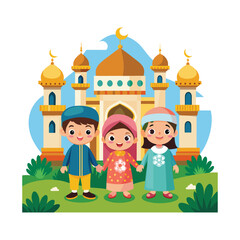 Happy cartoon Muslim kids vector in front of mosque