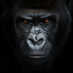 Fototapeta premium Close-up of a gorilla's face with an intense gaze against a black background.