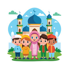Happy cartoon Muslim kids vector in front of mosque