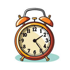 A cartoon illustration of an orange alarm clock with the hands pointing to 7:05.