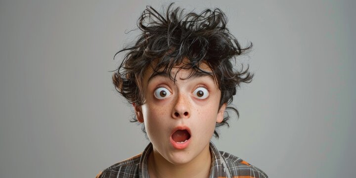 A boy with a messy hairdo and a surprised expression on his face. a person with a shocked expression on their face against a white background