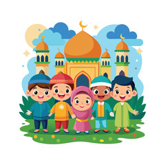 Happy cartoon Muslim kids vector in front of mosque