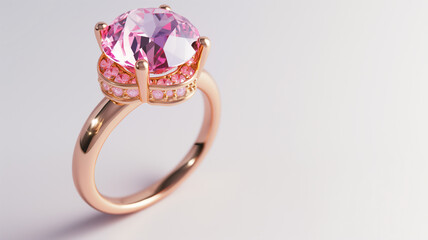 A rose gold ring featuring a large pink gemstone and smaller pink stones, displayed against a white background.