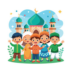 Happy cartoon Muslim kids vector in front of mosque