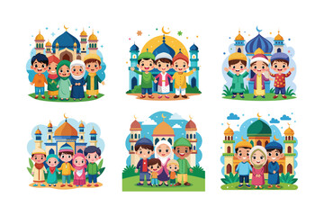 Happy cartoon Muslim kids vector in front of mosque