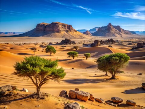 Serene landscape of Msirda region in western Algeria, showcasing vast desert dunes, ancient rock formations, and sparse acacia trees under a cloudless blue sky.