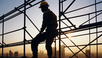silhouette of A laborer working on scaffolding at the top of a steel skyscraper, sunset and cityscape
