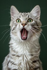Fototapeta premium Close up of highly realistic white striped cat with hilarious expression on green vertical background