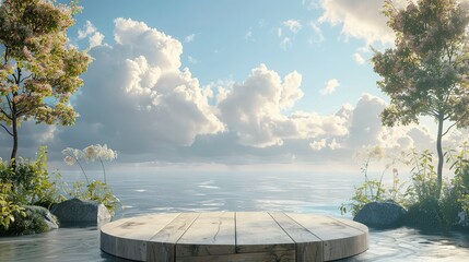 Wooden Platform by the Sea with Cloudy Sky