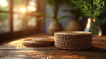 Obraz premium Handmade wicker coasters stacked on wooden table in sunlit room