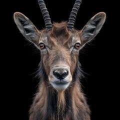 Close-up of a markhor's face with an intense gaze against a black background.
