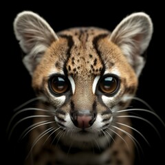 Close-up of a margay's face with an intense gaze against a black background.